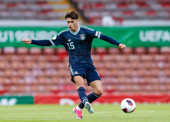 Wrexham, Wales, 1st July 2026. Luca Erlein of Germany passes the ball during the Wales U19 vs Germany U19 UEFA European U19 Championship match at The Racecourse, Wrexham. Picture credit should read: Cody Froggatt Sportimage EDITORIAL USE ONLY. No use with unauthorised audio, video, data, fixture lists, club league logos or live services. Online in-match use limited to 120 images, no video emulation. No use in betting, games or single club league player publications. SPI_136_CF_WALES_U19_V_GERMANY_U19 SPI-4854-0136