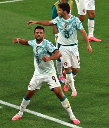 (260703) -- TORONTO, July 3, 2026 -- Goncalo Ramos (1st L) of Portugal celebrates after scoring during the round of 32 match between Portugal and Croatia at the 2026 FIFA World Cup, WM, Weltmeisterschaft, Fussball at Toronto Stadium in Toronto, Canada, July 2, 2026. (Photo by Xinhua) (SP)CANADA-TORONTO-FOOTBALL-FIFA WORLD CUP-ROUND OF 32-POR VS CRO YangxShu 