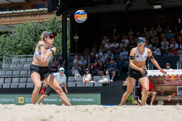 GSTAAD, SWITZERLAND - JULY 2: Nina Brunner (Player No. 1, SUI), Tanja Hüberli (Player No. 2, SUI) during the Beach Pro Tour - Elite 16 at Gstaad on July 2, 2026 in Gstaad, Switzerland. Switzerland Copyright: xPeterxWeberx