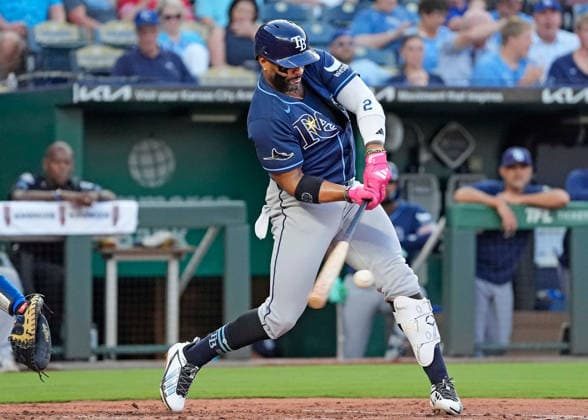 July 02, 2026: Tampa Bay Rays designated hitter Yandy Diaz (2) drives a pitch against the Royals in the 6th inning at Kauffman Stadium Kansas City, Missouri. CSM. Kansas City United States - ZUMAc04_ 20260702_zma_c04_039 Copyright: xJonxRobichaudx
