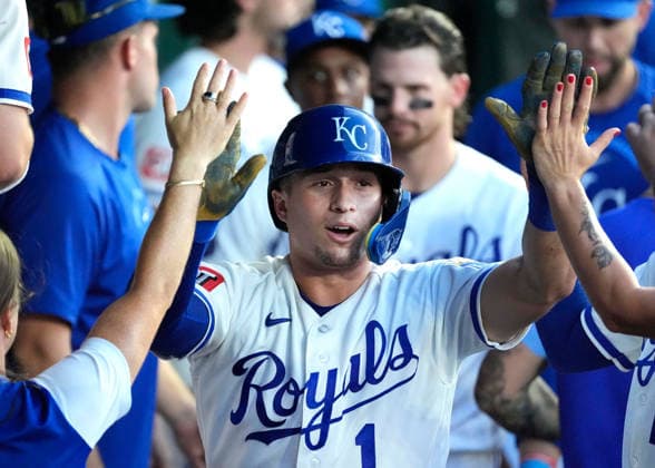 July 02, 2026: Kansas City Royals left fielder Isaac Collins (1) celebrates a 1st inning home run against the Rays at Kauffman Stadium Kansas City, Missouri. CSM. Kansas City United States - ZUMAc04_ 20260702_zma_c04_057 Copyright: xJonxRobichaudx