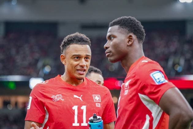 Kanada: Fußball FIFA World Cup, WM, Weltmeisterschaft, Fussball 2026 Sechzehntelfinale - Schweiz vs Algerien - BC Place Stadium Vancouver: Dan Ndoye (Schweiz, 11) Breel Embolo (Schweiz, 7) *** Canada Soccer 2026 FIFA World Cup Round of 32 Switzerland vs. Algeria BC Place Stadium, Vancouver Dan Ndoye (Switzerland), 11 Breel Embolo (Switzerland), 7 Copyright: xJOERANxSTEINSIEKx