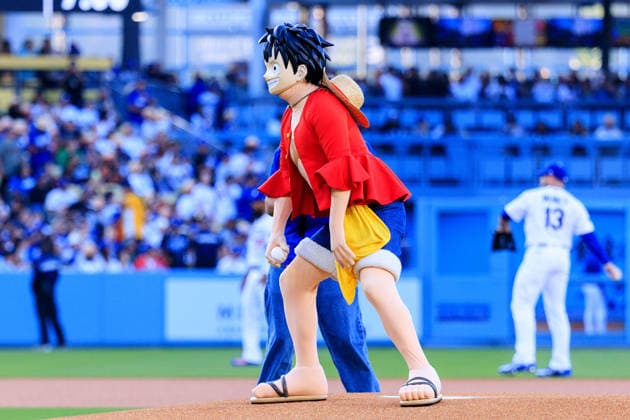 July 2, 2026, Los Angeles, California, USA: Monkey D. Luffy, the main character from the manga and anime series One Piece, throws the ceremonial first pitch before an MLB, Baseball Herren, USA regular-season game between the Los Angeles Dodgers and the San Diego Padres on Thursday, July 2, 2026, at Dodger Stadium in Los Angeles. JAVIER ROJAS PI Monkey D. Luffy Throws The Ceremonial First Pitch At Dodger Stadium  - ZUMAp124 20260702_zaa_p124_002 Copyright: xJavierxRojasx