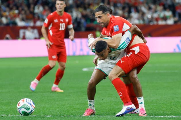 FIFA World Cup, WM, Weltmeisterschaft, Fussball 2026 - Round of 32 - Switzerland vs Algeria Algeria s Rafik Belghali (L) and Switzerland s Ricardo Rodriguez in action during the 2026 FIFA World Cup round of 32 soccer match between Switzerland and Algeria at BC Place stadium in Vancouver, Canada, 02 July 2026. Vancouver Canada  Copyright: xPETERxKLAUNZERx