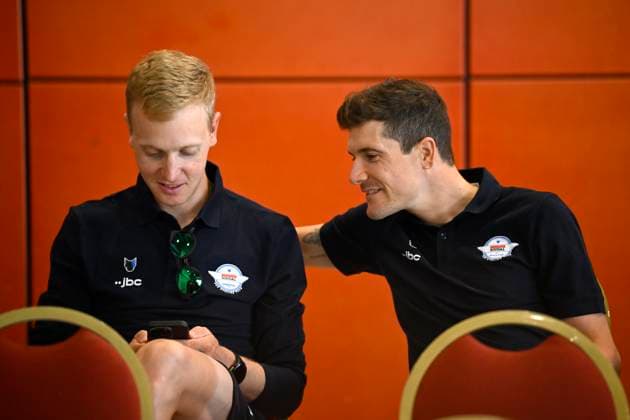 Tour de France 2026 Media Activities 03 07 2026 BARCELONA, SPAIN - JULY 03 : Merlier Tim (BEL) of Soudal Quick-Step and Vervaeke Louis (BEL) of Soudal Quick-Step speaking with the media during a press conference, PK, Pressekonferenz prior to the 113rd edition of Tour de France 2026, on July 3, 2026 in Barcelona, Spain, 03 07 2026 Barcelona Spain  Copyright: xTomasxSiskx