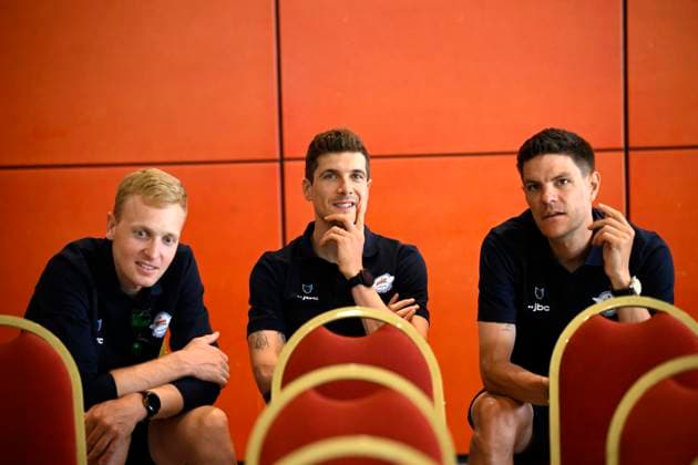 Tour de France 2026 Media Activities 03 07 2026 BARCELONA, SPAIN - JULY 03 : Merlier Tim (BEL) of Soudal Quick-Step, Vervaeke Louis (BEL) of Soudal Quick-Step and Stuyven Jasper (BEL) of Soudal Quick-Step speaking with the media during a press conference, PK, Pressekonferenz prior to the 113rd edition of Tour de France an UCI World Tour 2.UWT Team Time Trial stage for Men Elite of 19 km with start in Barcelona and finish in Barcelona on July 3, 2026 in Barcelona, Spain, 03 07 2026 Barcelona Spain  Copyright: xTomasxSiskx