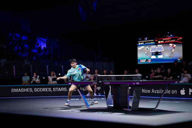 LOS ANGELES, CALIFORNIA - JULY 02: Lin Shidong of China competes in the Men s Singles - Round of 16 match against Alexis Lebrun of France on day 7 of United States Smash 2026 at Ontario Convention Center on July 2, 2026 in Los Angeles, California.  Copyright: xVCGx 111651985550