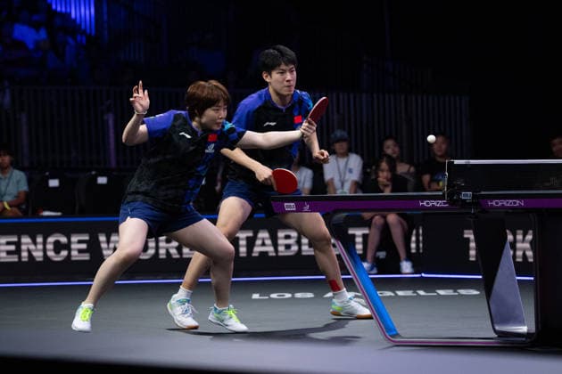 LOS ANGELES, CALIFORNIA - JULY 02: Wen Ruibo and Kuai Man of China compete in the Mixed Doubles Semifinal match against Lim Jonghoon and Shin Yubin of South Korea on day 7 of United States Smash 2026 at Ontario Convention Center on July 2, 2026 in Los Angeles, California.  Copyright: xVCGx 111651991569
