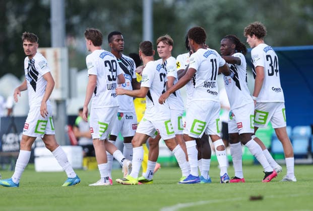 SOCCER - Sturm vs Kosice, test match IRDNING,AUSTRIA,03.JUL.26 - SOCCER - ADMIRAL Bundesliga, Nike liga, SK Sturm Graz vs FC Kosice, test match. Image shows the rejoicing of Sturm Graz.  GEPAxpictures xHaraldxSteiner