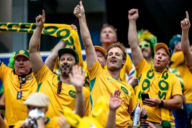 DALLAS - Australian supporters during the 2026 World Cup match between Australia and Egypt at Dallas Stadium on July 3, 2026, in Dallas, United States. (Photo by Stefan Koops EYE4IMAGES DeFodi Images) - *** DALLAS Australian fans during the 2026 World Cup match between Australia and Egypt at Dallas Stadium on July 3, 2026, in Dallas, United States. Photo by Stefan Koops, EYE4IMAGES, DeFodi Images