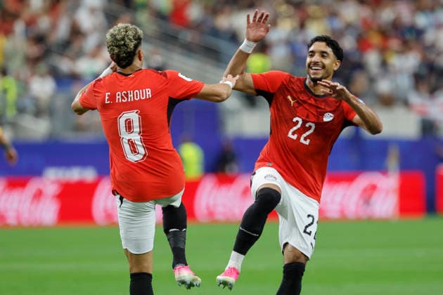 Egypt s Emam Ashour (L) celebrates with Omar Marmoush after scoring the 0-1 during a Round 32 2026 FIFA World Cup, WM, Weltmeisterschaft, Fussball match between Egypt and Australia, at the Dallas Stadium, in Dallas, United States, 03 July 2026. Australia vs Egypt !ACHTUNG: NUR REDAKTIONELLE NUTZUNG!  Copyright: xMariscalx GRAF671 0860691460st