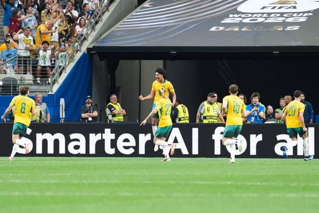 Lucas Herrington of Australia (C) and team mates celebrate the team s first goal during a FIFA Men’s World Cup 2026 round of 32 football match between Australia and Egypt at Dallas Stadium, in Arlington on July 03 2026 (Photo by LVDIDI SPP)  Copyright: xLVDIDI SPPx Sportspressphoto_SPR184065