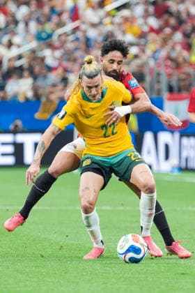 Jackson Irvine of Australia (L) and Marwan Attia of Egypt (R) fight for possession during a FIFA Men’s World Cup 2026 round of 32 football match between Australia and Egypt at Dallas Stadium, in Arlington on July 03 2026 (Photo by LVDIDI SPP)  Copyright: xLVDIDI SPPx Sportspressphoto_SPR184072