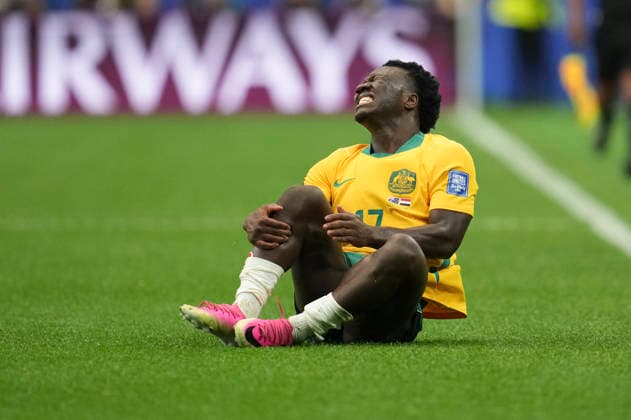 (260704) -- DALLAS, July 4, 2026 -- Nestory Irankunda of Australia falls down during the round of 32 match between Australia and Egypt at the 2026 FIFA World Cup, WM, Weltmeisterschaft, Fussball at Dallas Stadium in Dallas, the United States, July 3, 2026. ) (SP)U.S.-DALLAS-FOOTBALL-FIFA WORLD CUP-ROUND OF 32-AUS VS EGY WuxXiaoling 