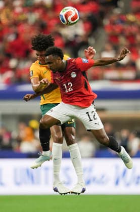 (260704) -- DALLAS, July 4, 2026 -- Haissem Hassan (front) of Egypt jumps for a header during the round of 32 match between Australia and Egypt at the 2026 FIFA World Cup, WM, Weltmeisterschaft, Fussball at Dallas Stadium in Dallas, the United States, July 3, 2026. ) (SP)U.S.-DALLAS-FOOTBALL-FIFA WORLD CUP-ROUND OF 32-AUS VS EGY WuxXiaoling 