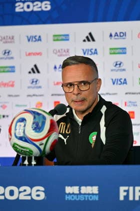 FIFA World Cup, WM, Weltmeisterschaft, Fussball 2026 - Morocco press conference, PK, Pressekonferenz Head coach Mohamed Ouahbi of Morocco attends a press conference, in Houston, USA, 03 July 2026. Morocco will face Canada on 04 July in a 2026 FIFA World Cup Round of 16 match. HOUSTON Texas United States  Copyright: xSAMxWASSONx