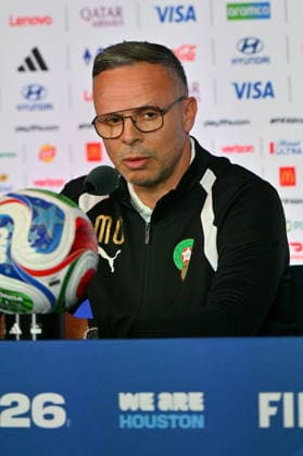 FIFA World Cup, WM, Weltmeisterschaft, Fussball 2026 - Morocco press conference, PK, Pressekonferenz Head coach Mohamed Ouahbi of Morocco attends a press conference, in Houston, USA, 03 July 2026. Morocco will face Canada on 04 July in a 2026 FIFA World Cup Round of 16 match. HOUSTON Texas United States  Copyright: xSAMxWASSONx