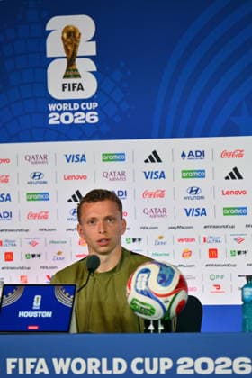FIFA World Cup, WM, Weltmeisterschaft, Fussball 2026 - Canada press conference, PK, Pressekonferenz Canada player Alistair Johnston attends a press conference, in Houston, USA, 03 July 2026. Canada will face Morocco on 04 July in a 2026 FIFA World Cup Round of 16 match. HOUSTON Texas United States  Copyright: xSAMxWASSONx