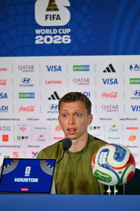 FIFA World Cup, WM, Weltmeisterschaft, Fussball 2026 - Canada press conference, PK, Pressekonferenz Canada player Alistair Johnston attends a press conference, in Houston, USA, 03 July 2026. Canada will face Morocco on 04 July in a 2026 FIFA World Cup Round of 16 match. HOUSTON Texas United States  Copyright: xSAMxWASSONx