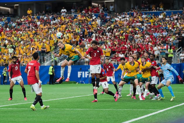 Jackson Irvine of Australia heads the ball during a FIFA Men’s World Cup 2026 round of 32 football match between Australia and Egypt at Dallas Stadium, in Arlington on July 03 2026 (Photo by Leo Barrilari SPP)  Copyright: xLeoxBarrilari SPPx Sportspressphoto_SPR184092