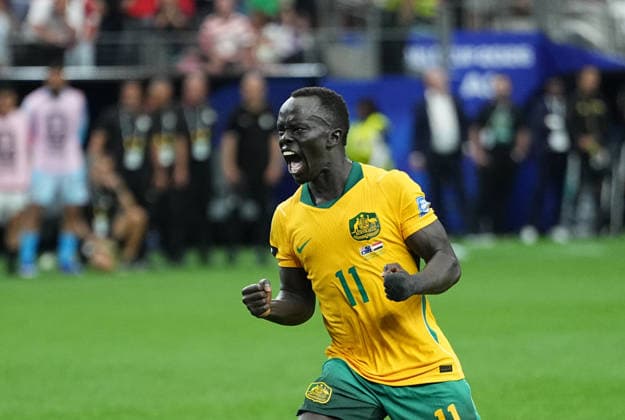 Awer Mabil (Australia) during Australia and Egypt, Round of 32 FIFA World Cup, WM, Weltmeisterschaft, Fussball 2026, Dallas Stadium, Arlington, United States on July 3, 2026. Thor Wegner DeFodi Images. (Photo by DeFodi Images) - *** Awer Mabil of Australia during the Australia vs. Egypt match in the Round of 32 of the 2026 FIFA World Cup at Dallas Stadium in Arlington, United States, on July 3, 2026. Photo by Thor Wegner, DeFodi Images