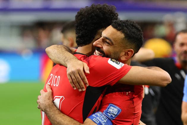 Mohamed Salah of Egypt and Mostafa Zico of Egypt embrace after celebrate winning the Penalty shoot out and winning the match during the FIFA World Cup, WM, Weltmeisterschaft, Fussball 2026 last 32 match between Australia and Egypt at AT&T Stadium, Dallas, USA on 3 July 2026. Copyright: xPeterxDovganx 45210054