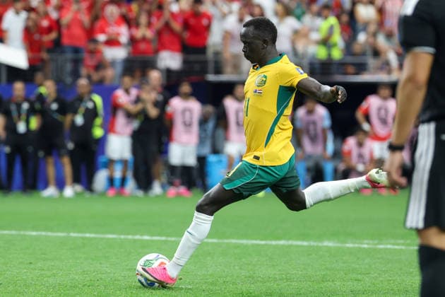 ARLINGTON, TX - JULY 03: Awer Mabil 11 of Australia scores in penalty kicks during the FIFA World Cup, WM, Weltmeisterschaft, Fussball 2026 Round of 32 match between Australia and Egypt on July 3, 2026, at Dallas Stadium in Dallas, Texas. (Photo by David Buono Icon Sportswire) SOCCER: JUL 03 FIFA World Cup 26 Round of 32 - Australia vs Egypt EDITORIAL USE ONLY Icon260703059