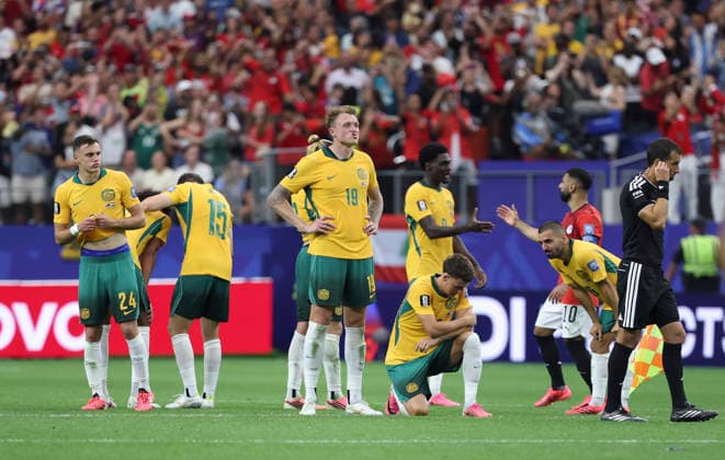 (260704) -- DALLAS, July 4, 2026 -- Players of Australia react after the round of 32 match between Australia and Egypt at the 2026 FIFA World Cup, WM, Weltmeisterschaft, Fussball at Dallas Stadium in Dallas, the United States, July 3, 2026. ) (SP)U.S.-DALLAS-FOOTBALL-FIFA WORLD CUP-ROUND OF 32-AUS VS EGY LixYing 