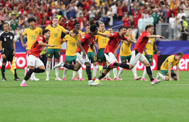 (260704) -- DALLAS, July 4, 2026 -- Players of Egypt celebrate victory after the round of 32 match between Australia and Egypt at the 2026 FIFA World Cup, WM, Weltmeisterschaft, Fussball at Dallas Stadium in Dallas, the United States, July 3, 2026. ) (SP)U.S.-DALLAS-FOOTBALL-FIFA WORLD CUP-ROUND OF 32-AUS VS EGY LixYing 