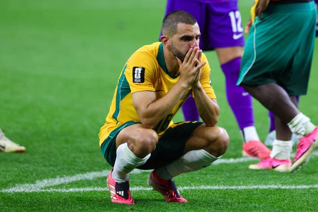 Aziz Behich of Australia visibly upset after Australia lose to Egypt in a penalty shoot out during the FIFA World Cup, WM, Weltmeisterschaft, Fussball 2026 last 32 match between Australia and Egypt at AT&T Stadium, Dallas, USA on 3 July 2026. Copyright: xPeterxDovganx 45210061
