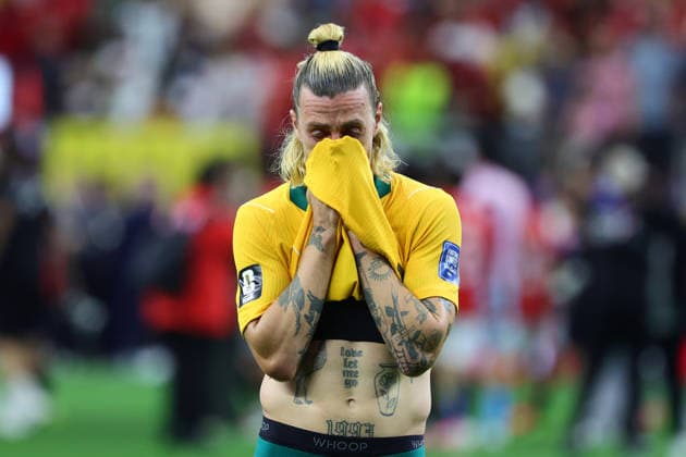 Jackson Irvine of Australia visibly upset after Australia lose to Egypt in a penalty shoot out during the FIFA World Cup, WM, Weltmeisterschaft, Fussball 2026 last 32 match between Australia and Egypt at AT&T Stadium, Dallas, USA on 3 July 2026. Copyright: xPeterxDovganx 45210065