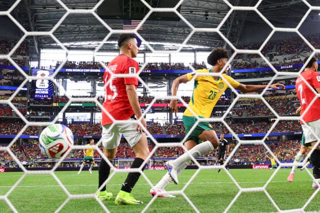 Lucas Herrington of Australia celebrates an own goal scored by Mohamed Hany of Egypt during the FIFA World Cup, WM, Weltmeisterschaft, Fussball 2026 last 32 match between Australia and Egypt at AT&T Stadium, Dallas, USA on 3 July 2026. Copyright: xPeterxDovganx 45210089