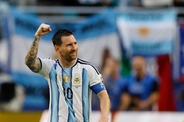 Argentina s Lionel Messi celebrates a goal in a FIFA World Cup, WM, Weltmeisterschaft, Fussball 2026 match between Argentina and Cape Verde at Hard Rock Stadium in Miami, USA, 03 July 2026. FIFA World Cup 2026 - Round of 32 - Argentina vs Cape Verde !ACHTUNG: NUR REDAKTIONELLE NUTZUNG!  Copyright: xAlbertoxEstevezx AME7212 20260703-55020793867_1