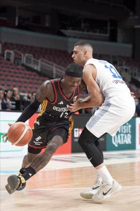 Basketball, Israel, Germany, RÄ«ga, Latvia, 03.07.2026, basketball Dennis Schroder of Germany and Yam Madar of Israel in action during FIBA 2027 World Cup European qualifiers Group A game between Israel and Germany national basketball teams In Riga, Latvia, 03.07.2026. Photo: Roman Koksarov (RKF) RÄ«ga Latvia Copyright: xRomanxKoksarovx basketISR-GER20260703rk132.JPG