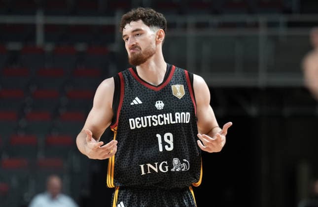 Basketball, Israel, Germany, RÄ«ga, Latvia, 03.07.2026, basketball Kay Bruhnke of Germany reacts during FIBA 2027 World Cup European qualifiers Group A game between Israel and Germany national basketball teams In Riga, Latvia, 03.07.2026. Photo: Roman Koksarov (RKF) RÄ«ga Latvia Copyright: xRomanxKoksarovx basketISR-GER20260703rk150.JPG