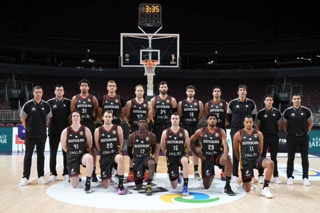 Basketball, Israel, Germany, RÄ«ga, Latvia, 03.07.2026, basketball Team Germany players pose for photo during FIBA 2027 World Cup European qualifiers Group A game between Israel and Germany national basketball teams In Riga, Latvia, 03.07.2026. Photo: Roman Koksarov (RKF) RÄ«ga Latvia Copyright: xRomanxKoksarovx basketISR-GER20260703rk104.JPG