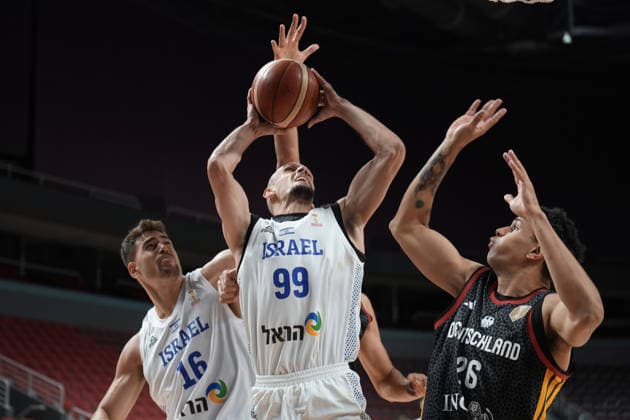 Basketball, Israel, Germany, RÄ«ga, Latvia, 03.07.2026, basketball Guy Palatin, Yotam Hanochi of Israel and Michael Rataj of Germany in action during FIBA 2027 World Cup European qualifiers Group A game between Israel and Germany national basketball teams In Riga, Latvia, 03.07.2026. Photo: Roman Koksarov (RKF) Riga Latvia Copyright: xRomanxKoksarovx basketISR-GER20260703rk386.JPG