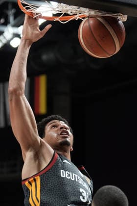 Basketball, Israel, Germany, RÄ«ga, Latvia, 03.07.2026, basketball Sananda Fru of Germany in action during FIBA 2027 World Cup European qualifiers Group A game between Israel and Germany national basketball teams In Riga, Latvia, 03.07.2026. Photo: Roman Koksarov (RKF) Riga Latvia Copyright: xRomanxKoksarovx basketISR-GER20260703rk522.JPG