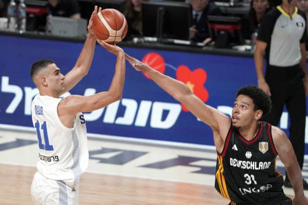 Basketball, Israel, Germany, RÄ«ga, Latvia, 03.07.2026, basketball Yam Madar of Israel and Sananda Fru of Germany in action during FIBA 2027 World Cup European qualifiers Group A game between Israel and Germany national basketball teams In Riga, Latvia, 03.07.2026. Photo: Roman Koksarov (RKF) Riga Latvia Copyright: xRomanxKoksarovx basketISR-GER20260703rk714.JPG