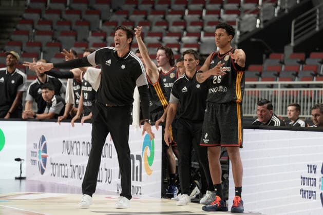 Basketball, Israel, Germany, RÄ«ga, Latvia, 03.07.2026, basketball Head coach of Germany Alex Mumbru and German team players reacts during FIBA 2027 World Cup European qualifiers Group A game between Israel and Germany national basketball teams In Riga, Latvia, 03.07.2026. Photo: Roman Koksarov (RKF) Riga Latvia Copyright: xRomanxKoksarovx basketISR-GER20260703rk1113.JPG