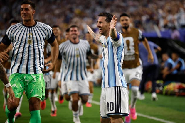 Argentina s Lionel Messi celebrates a goal in a FIFA World Cup, WM, Weltmeisterschaft, Fussball 2026 match between Argentina and Cape Verde at Hard Rock Stadium in Miami, USA, 03 July 2026. FIFA World Cup 2026 - Round of 32 - Argentina vs Cape Verde !ACHTUNG: NUR REDAKTIONELLE NUTZUNG!  Copyright: xAlbertoxEstevezx AME7317 20260704-55020794492_1