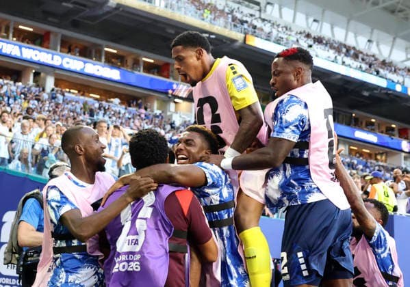 (260704) -- MIAMI, July 4, 2026 -- Players of Cabo Verde celebrate a goal by Deroy Duarte during the round of 32 match between Argentina and Cabo Verde at the 2026 FIFA World Cup, WM, Weltmeisterschaft, Fussball at Miami Stadium, Miami, the United States, July 3, 2026. ) (SP)U.S.-MIAMI-FOOTBALL-FIFA WORLD CUP-ROUND OF 32-ARGENTINA VS CABO VERDE ZhangxChen 