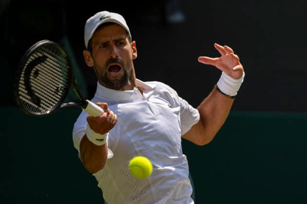 (260704) -- LONDON, July 4, 2026 -- Novak Djokovic of Serbia returns the ball during the men s singles third round match against Arthur Rinderknech of France at the Wimbledon Tennis Championships in London, Britain, on July 3, 2026. (Photo by Xinhua) (SP)BRITAIN-LONDON-TENNIS-WIMBLEDON-MEN S SINGLES StephenxChung 