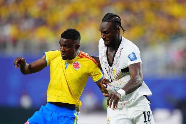 Colombia v Ghana - FIFA World Cup, WM, Weltmeisterschaft, Fussball 2026 - Round of 32 KANSAS CITY, UNITED STATES - JULY 3: Jhon Cordoba (9) of Colombia in action against Jerome Opoku (R) of Ghana during the 2026 FIFA World Cup Round of 32 match between Colombia and Ghana at Arrowhead Stadium (Kansas City Stadium) in Kansas City, Missouri, United States on July 3, 2026. Hakan Akgun Anadolu Missouri United States. Editorial use only. Please get in touch for any other usage.  Copyright: x2026xAnadoluxHakanxAkgunx