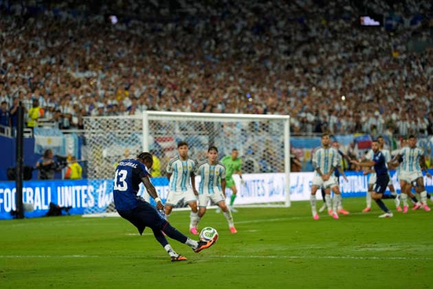 July 3, 2026, Miami Gardens, Florida, USA: Defender Sidny Lopes Cabral (13) of Cape Verde strikes a penalty kick in Overtime during the World Cup Round of 32 match between Argentina and Cape Verde at Miami Stadium. Argentina defeated Cape Verde 3-2. World Cup 2026: Round Of 32: Argentina : Cape Verde  - ZUMAd212 20260703_zsp_d212_003 Copyright: xRichardxDolex