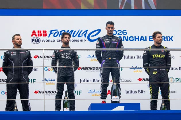 2026 FORMULA E SHANGHAI ePRIX Podium, DA COSTA Antonio Felix (prt), Jaguar TCS Racing, Jaguar I-Type 7, WEHRLEIN Pascal (ger), Porsche Formula E Team, Porsche 99X Electric, DENNIS Jake (gbr), Andretti Formula E, Porsche 99X Electric, portrait during the Shanghai ePrix, 12th and 13th round of the 2025-26 ABB FIA Formula E World Championship, WM, Weltmeisterschaft on the Shanghai International Circuit from July 3 to 5, 2026 in Shanghai, China - ShanghaiChina  Copyright: xJULIENxDELFOSSEx