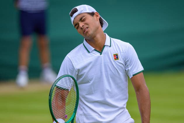 Day Six: The Championships - Wimbledon 2026 LONDON, ENGLAND JULY 04 - Luis Guto Miguel of Brazil reacts during Boy’s Single First Round against Vincent Fletcher of Great Britain at The Wimbledon Lawn Tennis Championship at Wimbledon on July 04, 2026 in London, England. (Photo by Keeran Marquis)  Copyright: xKeeranxMarquis Fotoarena SPPx Sportspressphoto_SPR184599