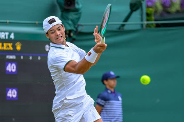 Day Six: The Championships - Wimbledon 2026 LONDON, ENGLAND JULY 04 - Luis Guto Miguel of Brazil during Boy’s Single First Round against Vincent Fletcher of Great Britain at The Wimbledon Lawn Tennis Championship at Wimbledon on July 04, 2026 in London, England. (Photo by Keeran Marquis)  Copyright: xKeeranxMarquis Fotoarena SPPx Sportspressphoto_SPR184608