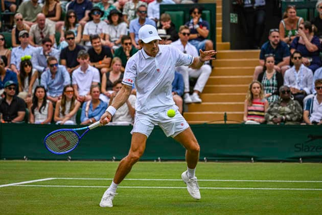 RECORD DATE NOT STATED 4th July 2026; All England Lawn Tennis and Croquet Club, London, England; Wimbledon Tennis Tournament, Day Six; Alex De Minaur (AUS) plays a forehand in his third round match against Zachary Svajda (USA) GodfreyxPitt