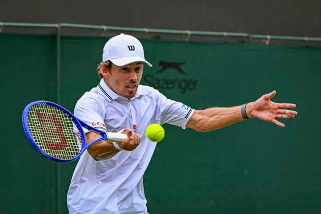 RECORD DATE NOT STATED 4th July 2026; All England Lawn Tennis and Croquet Club, London, England; Wimbledon Tennis Tournament, Day Six; Alex De Minaur (AUS) plays a forehand in his third round match against Zachary Svajda (USA) GodfreyxPitt